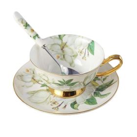 Magnolia Coffee Cup Set Porcelain Tea Cup Ceramic Mug Cup Saucer Spoon 6.8 OZ