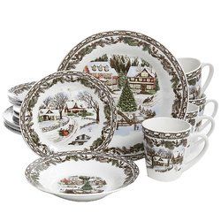 Gibson Home Christmas Toile 16 Piece Dinnerware Set