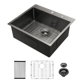 25x22 inch Drop in Kitchen Sink Gunmetal Black Topmount 16 Gauge Deep Single Bowl Stainless Steel Sink Basin