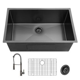 27Inch Gunmetal Black Undermount 18 Guage Stainless Steel Kitchen Sink With Black Spring Neck Faucet