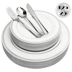 JL Prime 125 Piece Silver Plastic Plates & Cutlery Set, Re-usable Recyclable Plastic Plates with Silver Rim & Silverware, 25 Dinner Plates, 25 Salad P