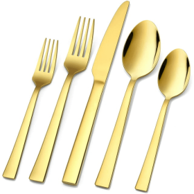 20-Piece Gold Silverware Set, Vesteel Stainless Steel Flatware Set Service for 4, Cutlery Eating Utensil Set Includes Dinner Forks/Spoons/Knives, Squa