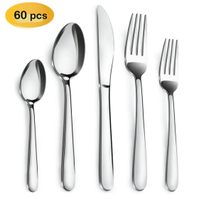 60 Pieces Silverware Set, Hunnycook Stainless Steel Modern Flatware Cutlery Set Service for 12, Durable Tableware Set for Home Kitchen Restaurant, Mir