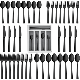 Walchoice 40-Piece Black Silverware Set with Drawer Organizer, Stainless Steel Flatware Cutlery Set for Home Restaurant, Elegant Eating Utensils Table