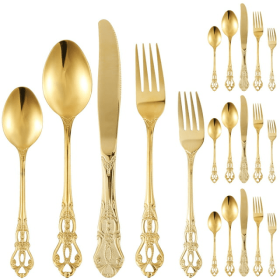 Jetcloudlive 20 Pcs Gold Silverware Set,Retro Royal Stainless Steel Flatware Utensil Sets for 4,Gold Luxury Cutlery Set Includes Forks Spoons Knives,M