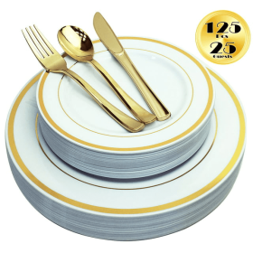 JL Prime 125 Piece Gold Plastic Plates & Cutlery Set, Re-usable Recyclable Plastic Plates with Gold Rim & Silverware, 25 Dinner Plates, 25 Salad Plate