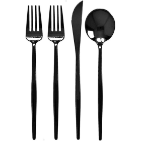 BLACK SILVERWARE SET | Plastic Flatware | 96 PC Set | Opulence Collection