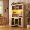 Farmhouse Coffee Bar Cabinet with LED Lights and Outlets with Wine Bottle Rack, 70" Rustic Buffet Cabinet with Wine Bottle and Wine Glass Rack, 1 Draw