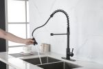 Commercial Spring Kitchen Faucets Matte Black with Pull Out Sprayer, Stainless Steel Single Handle One Hole Kitchen Sink Faucet, Industrial 3-Hole Sin