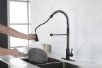 Commercial Spring Kitchen Faucets Matte Black with Pull Out Sprayer, Stainless Steel Single Handle One Hole Kitchen Sink Faucet, Industrial 3-Hole Sin