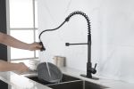 Commercial Spring Kitchen Faucets Matte Black with Pull Out Sprayer, Stainless Steel Single Handle One Hole Kitchen Sink Faucet, Industrial 3-Hole Sin