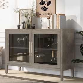 Wood Storage Cabinet with Two Tempered Glass Doors ,Four Legs and Adjustable Shelf,Suitable for Living Room, Study and Entrance (Color: Gray)